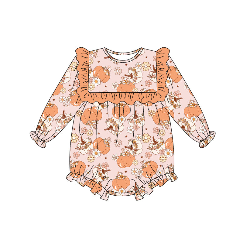 Preorder (moq 5)Baby Girls Pink Long Sleeves Flower Pumpkins Plaid Ruffle Romper