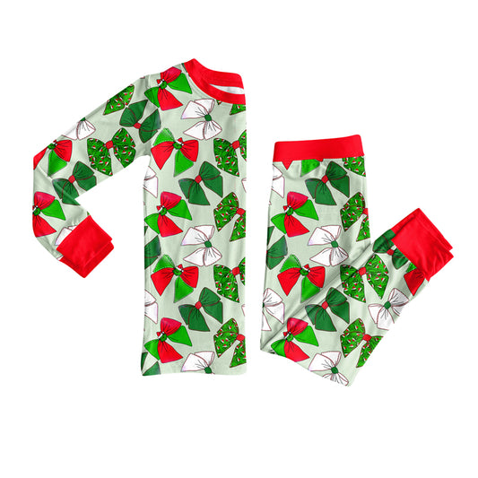 Preorder (moq 5)Baby Girls Long Sleeves Green Bows Plaid Top Pants Pajamas Set