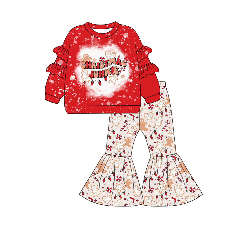 Preorder (moq 5)Baby Girls Long Sleeves Red Christmas Junkie Top Bell Bottom Pant Clothes Set