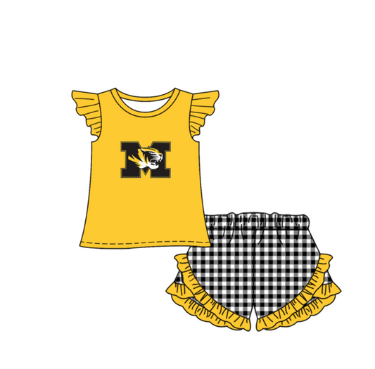 Preorder (moq 5)Baby Girls M Tigers Top Checked Ruffle Short Team Clothes Set