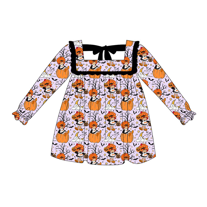 Preorder (moq 5)Baby Girls Lavender Long Ruffle Sleeves Pumpkins Bats Knee Length Dresses