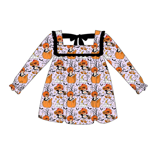 Preorder (moq 5)Baby Girls Lavender Long Ruffle Sleeves Pumpkins Bats Knee Length Dresses