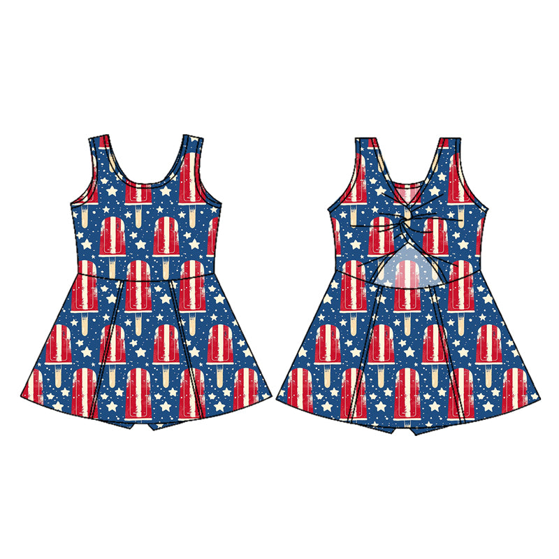 Preorder (moq 5)Baby Girls Hot Blue Sleeveless Stars Popsicle Yoga Active Skort 4th Of July Dress