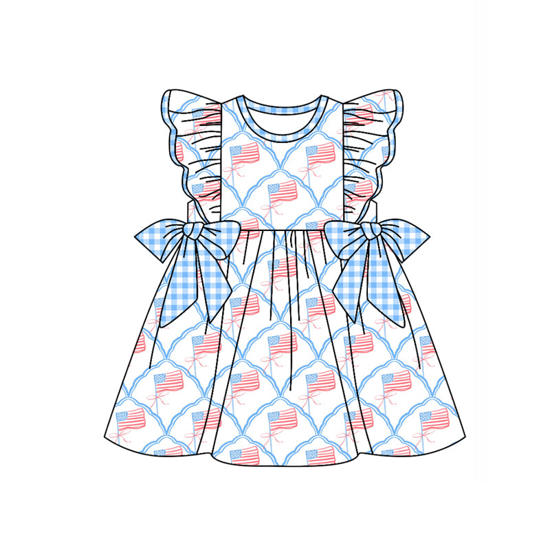 Preorder moq 5 Baby Girls Flutter Sleeves Flags Plaid 4th Of July Knee Length Dresses