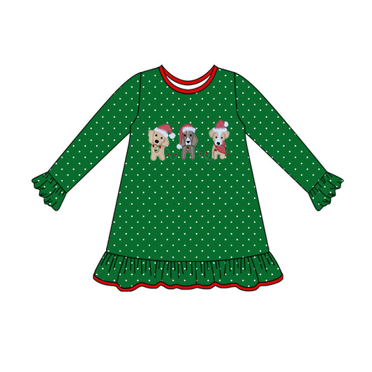 Preorder (moq 5)Baby Girls Light Dogs Polka Dots Ruffle Christmas Knee Length Dresses