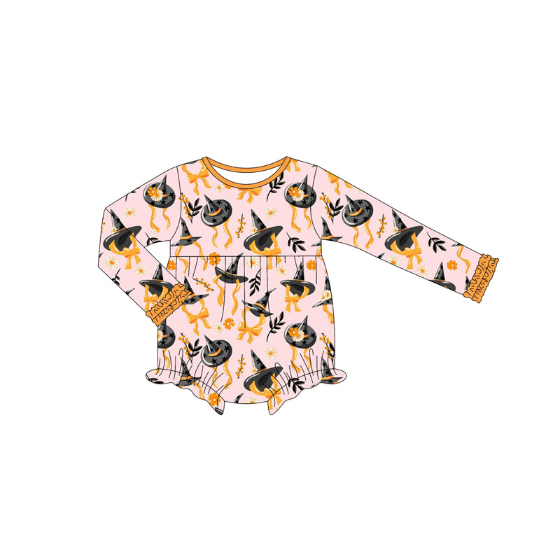 Preorder (moq 5)Baby Girls Long Ruffle Sleeves Bows Magic Hats Bummies Rompers