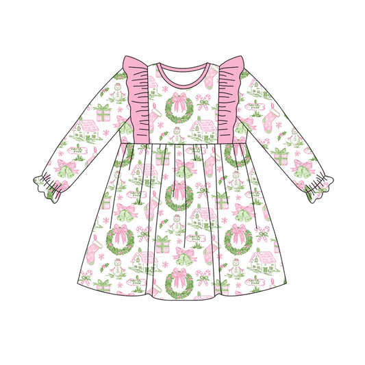 Preorder (moq 5)Baby Girls Long Ruffle Sleeves Holly Snowman Plaid Knee Length Dresses