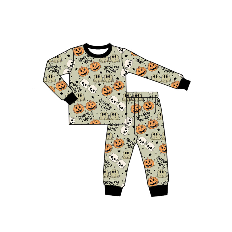 Preorder (moq 5)Baby Boys Green Long Sleeves Ghost Pumpkins Top Pant Pajamas Set
