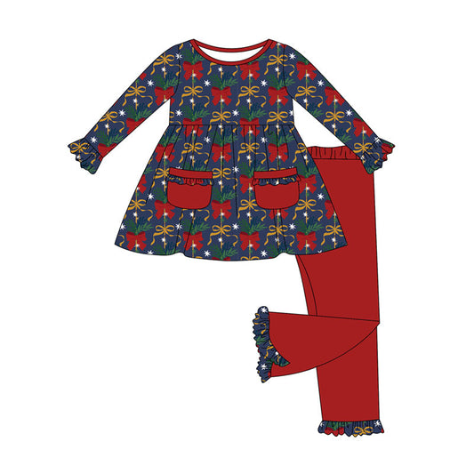 Preorder (moq 5)Baby Girls Holly Bows Pockets Tunic Flare Pant Christmas Clothes Set