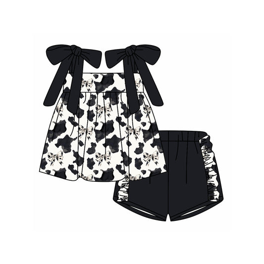 Preorder moq 5 Baby Girls Black Strap Cow Print Bows Tunic Ruffle Short Set