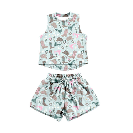 Preorder (moq 5)Baby Girls Hats Boots Flowers Top Shorts Western Clothes Set