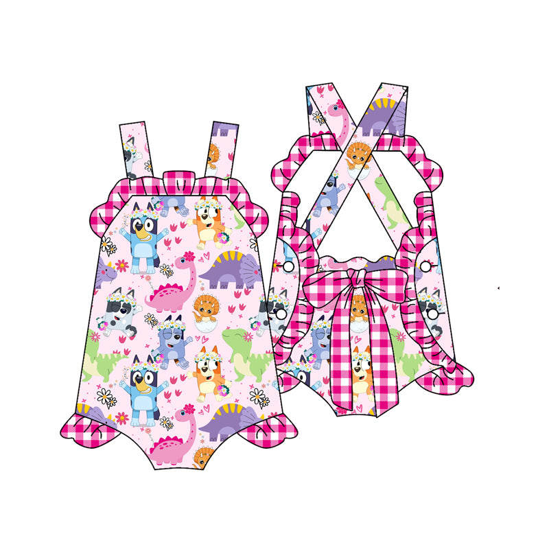 Preorder(moq 5)Baby Infant Girls Pink Strap Cartoon Dogs Dinosaurs Backless Plaid Bow Ruffle Rompers