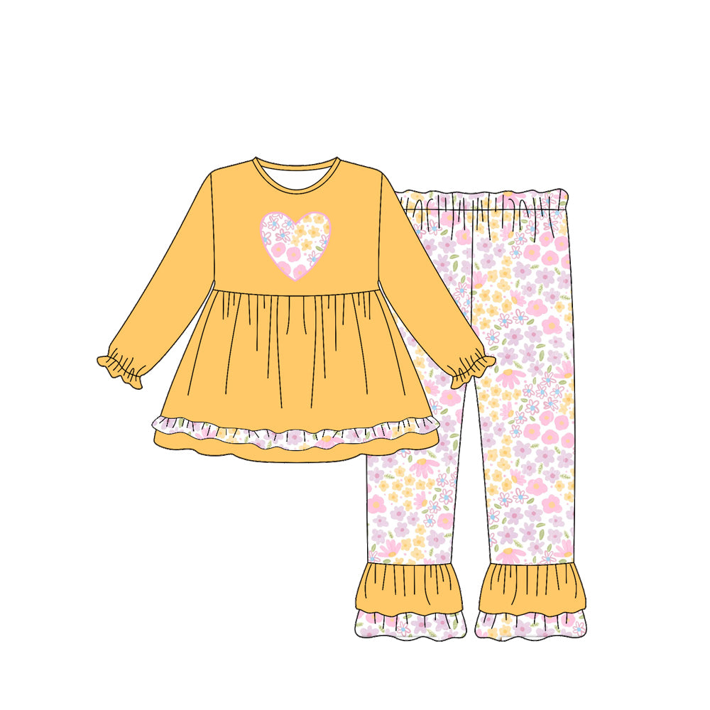 Preorder (moq 5)Baby Girls Yellow Long Ruffle Sleeves Floral Hearts Print Tunic Pants Set