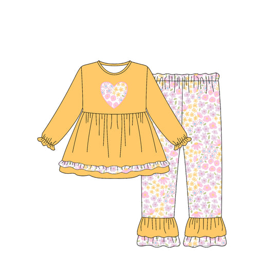 Preorder (moq 5)Baby Girls Yellow Long Ruffle Sleeves Floral Hearts Print Tunic Pants Set