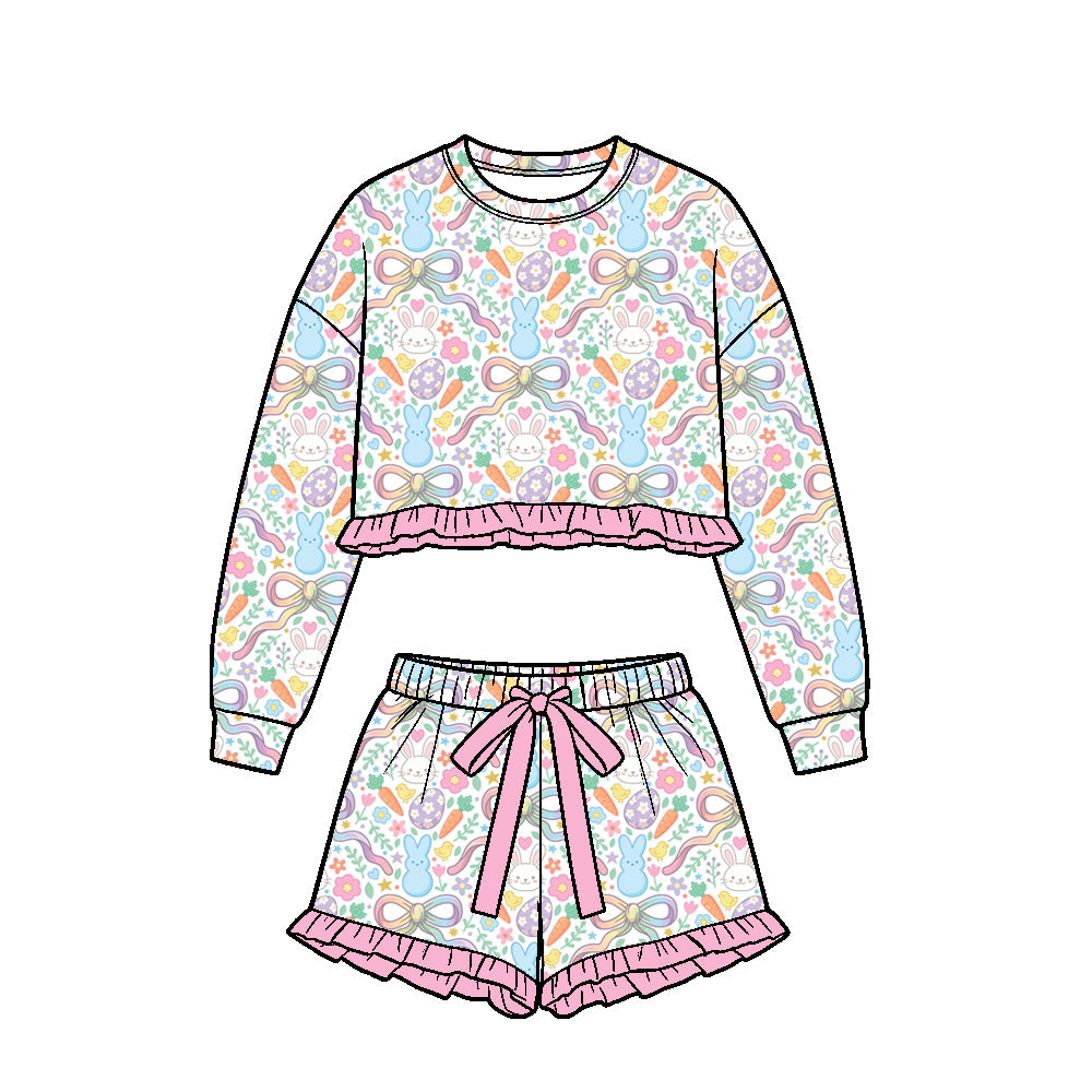Preorder (moq 5) Baby Girl Clothes Pastel Easter Bunny Egg Bow Print Long Sleeve Ruffle Crop Top Shorts Outfit Set