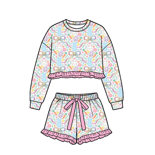 Preorder (moq 5) Baby Girl Clothes Pastel Easter Bunny Egg Bow Print Long Sleeve Ruffle Crop Top Shorts Outfit Set