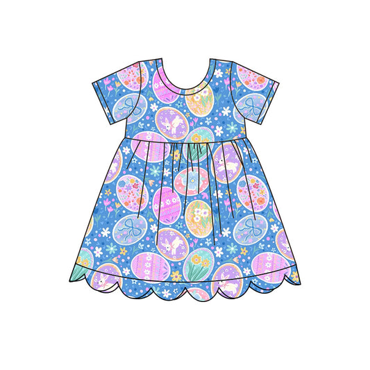 Preorder moq 5Baby Girls’ & Girls’ Spring Easter Blue Floral Rabbit Bow Print Crew Neck Short Sleeve Dress