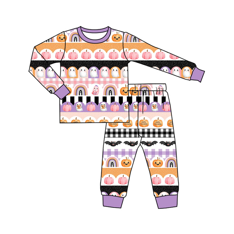 Preorder (moq 5)Baby Boys Long Sleeves Pumpkins Ghosts Stripe Top Pant Pajamas Set