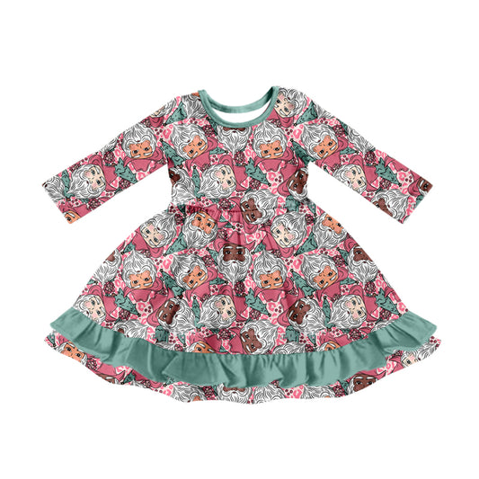 Preorder (moq 5)Baby Girls Long Sleeves Leopard Santa Plaid Green Ruffle Knee Length Dresses