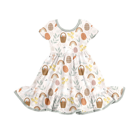 Preorder(moq 8)Baby Girls Chicks Eggs Rainbows Easter Ruffle Knee Length Dresses