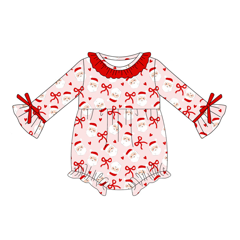 Preorder (moq 5)Baby Girls Pink Long Sleeves Bows Santa Ruffle Rompers