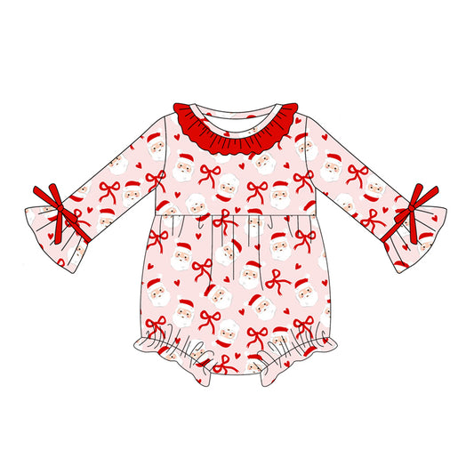 Preorder (moq 5)Baby Girls Pink Long Sleeves Bows Santa Ruffle Rompers