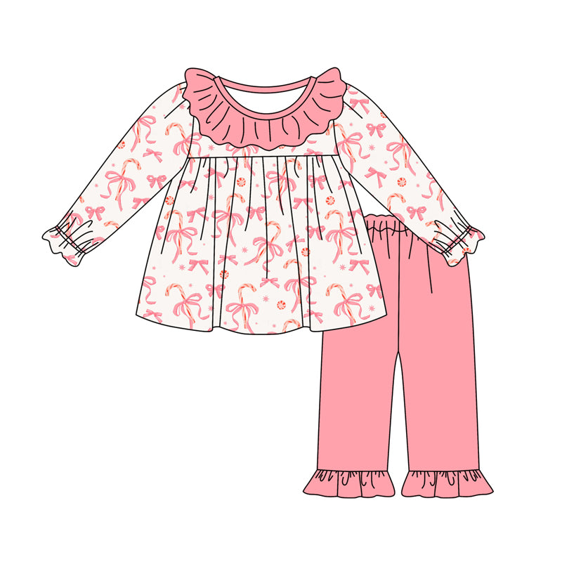 Preorder (moq 5)Baby Girls Long Ruffle Sleeves Bows Candy Cane Tunic Pants Set