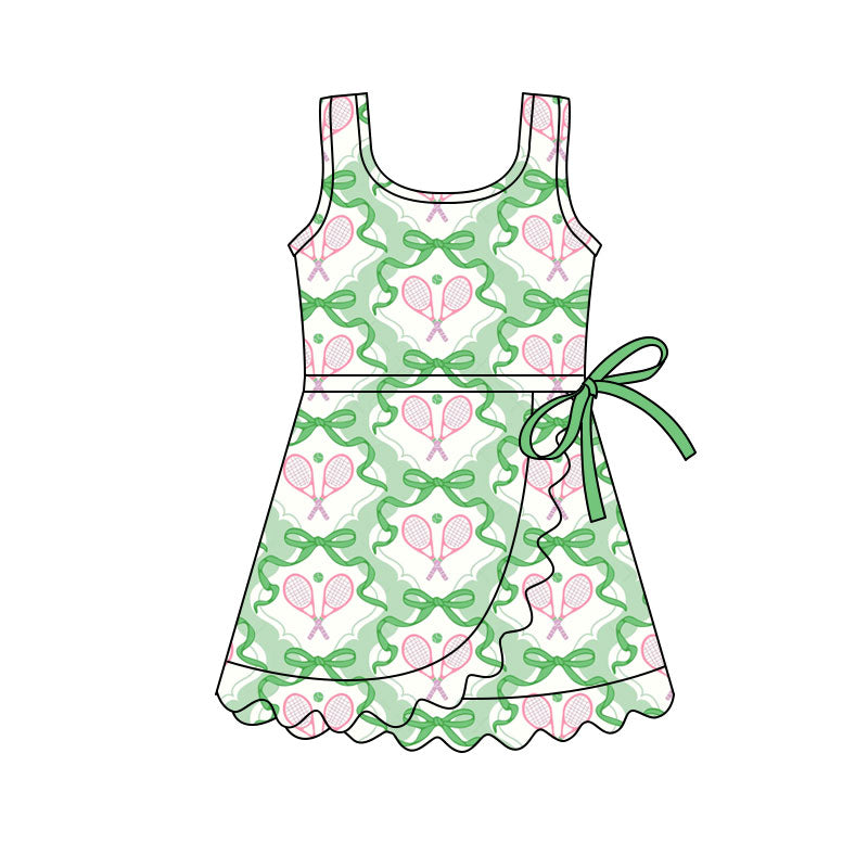 Preorder(moq 5) Baby Girls Sleeveless Green Bows Tennis Team Ruffle Knee Length Dresses