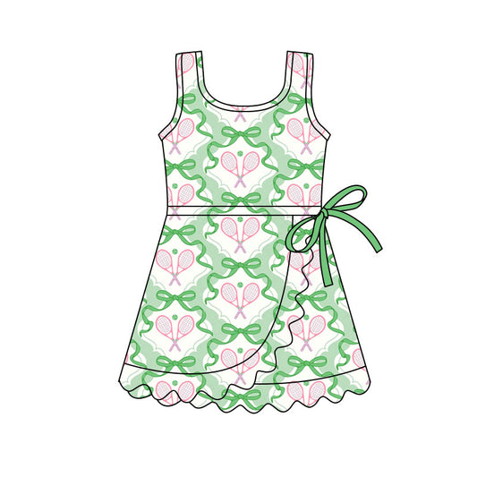 Preorder(moq 5) Baby Girls Sleeveless Green Bows Tennis Team Ruffle Knee Length Dresses