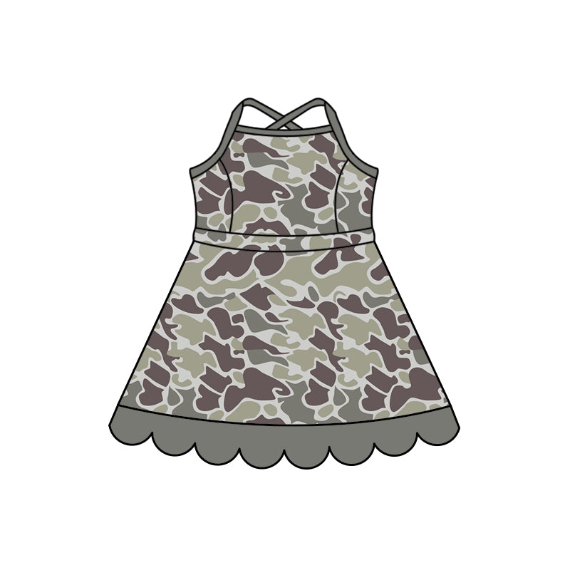 Preorder (moq 5)Baby Girls Strap Southern Grey Camo Scallop Knee Length Dresses