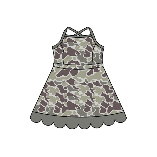 Preorder (moq 5)Baby Girls Strap Southern Grey Camo Scallop Knee Length Dresses