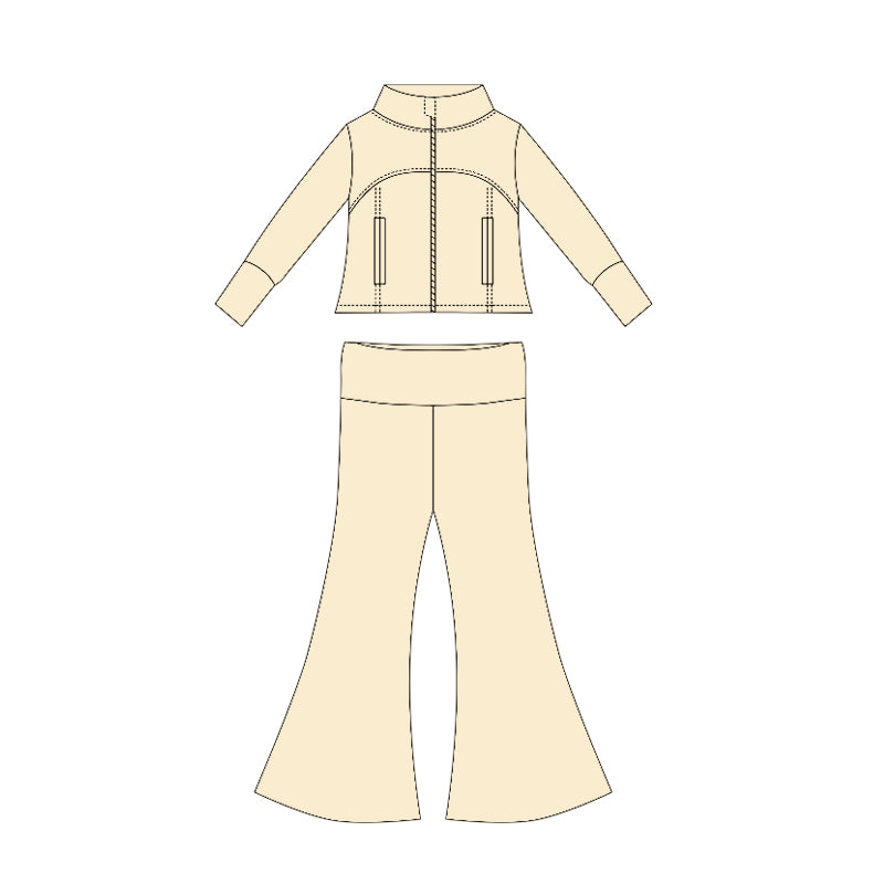 Preorder moq 10 Baby Girls Creamy White Long Sleeves Pockets Zipper Top Bell Bottom Pant Set