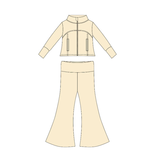 Preorder moq 10 Baby Girls Creamy White Long Sleeves Pockets Zipper Top Bell Bottom Pant Set