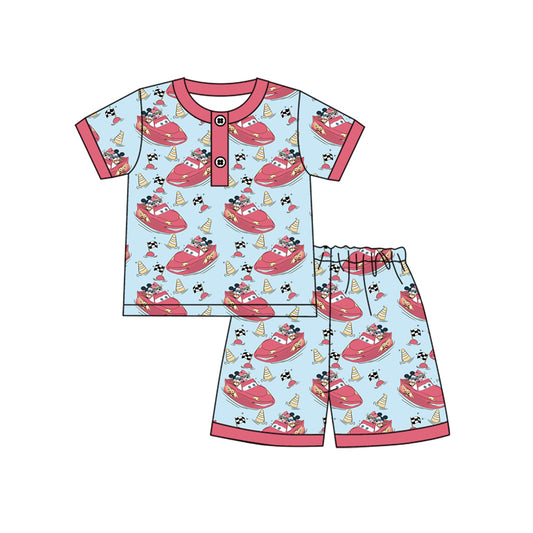 Preorder moq 5 Baby Boys Short Sleeves Cartoon Cars Flags Button Top Short Pajamas Set