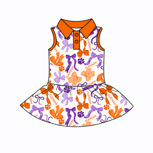 Preorder (moq 5)Baby Girls Sleeveless Orange Purple Bows Plaid Button Team Knee Length Dresses