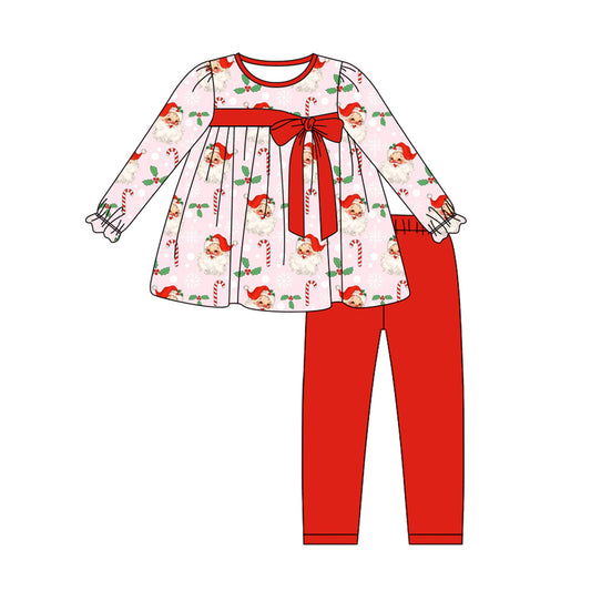 Preorder (moq 5)Baby Girls Long Ruffle Sleeves Red Santa Candy Cane Tunic Legging Pant Sets