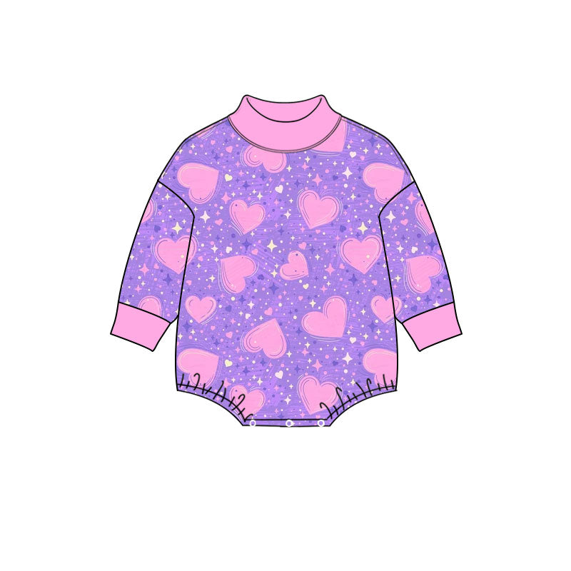 Preorder (moq 5) Baby Girl Clothes Purple Star Pink Heart Print Long Sleeve Mock Neck Bodysuit