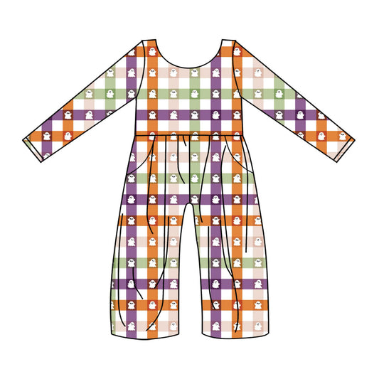 Preorder (moq 5)Baby Girls Colorful Checked Ghosts Halloween Pockets Jumpsuits