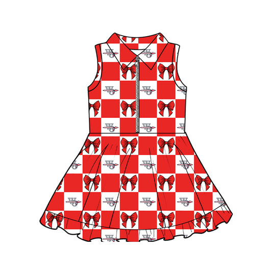 Preorder (moq 5)Baby Girls Zip Red Bows Checked Warriors Yoga Active Team Short Knee Length Dress