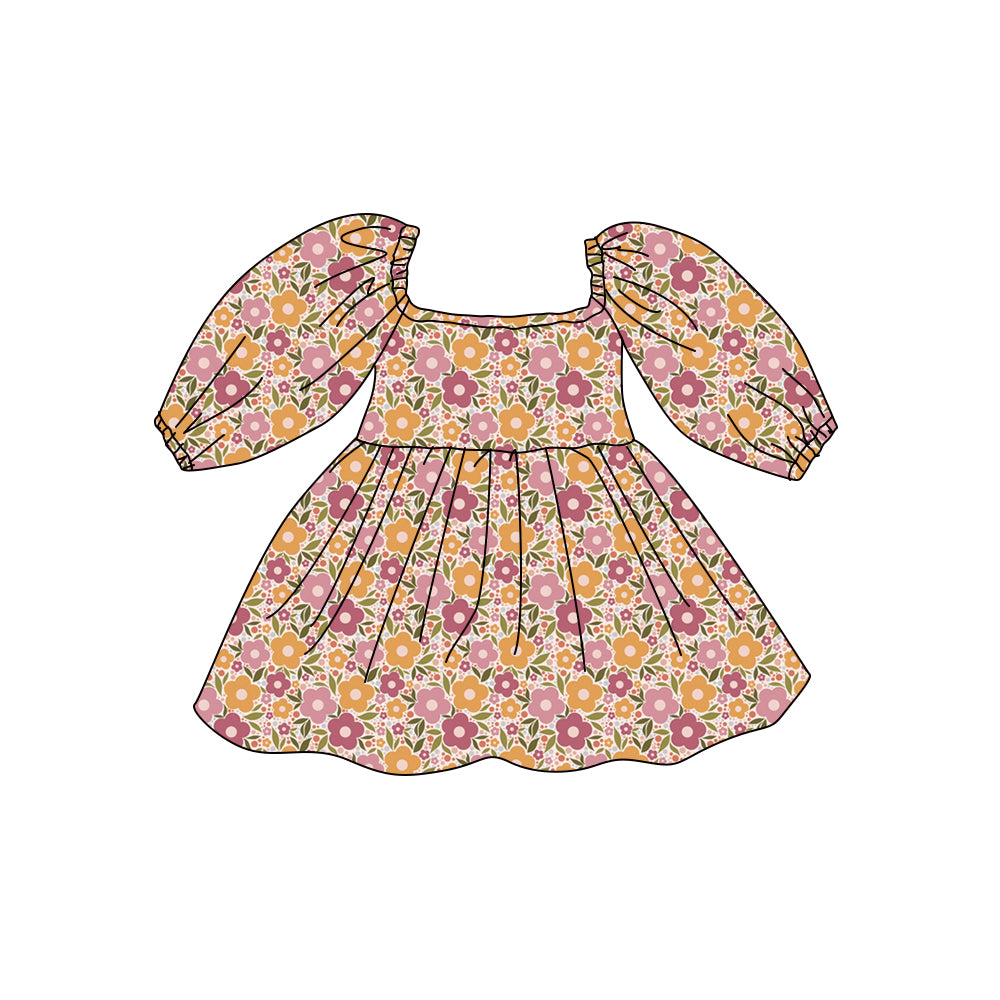 Preorder (moq 5)Baby Girls Long Sleeve Colorful Flowers Knee Length Dresses