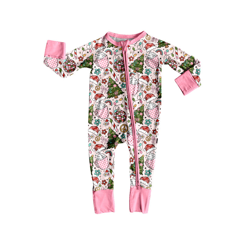 Preorder(moq 5)Baby Girls Pink Christmas Tree Disco Zipper Footie Rompers