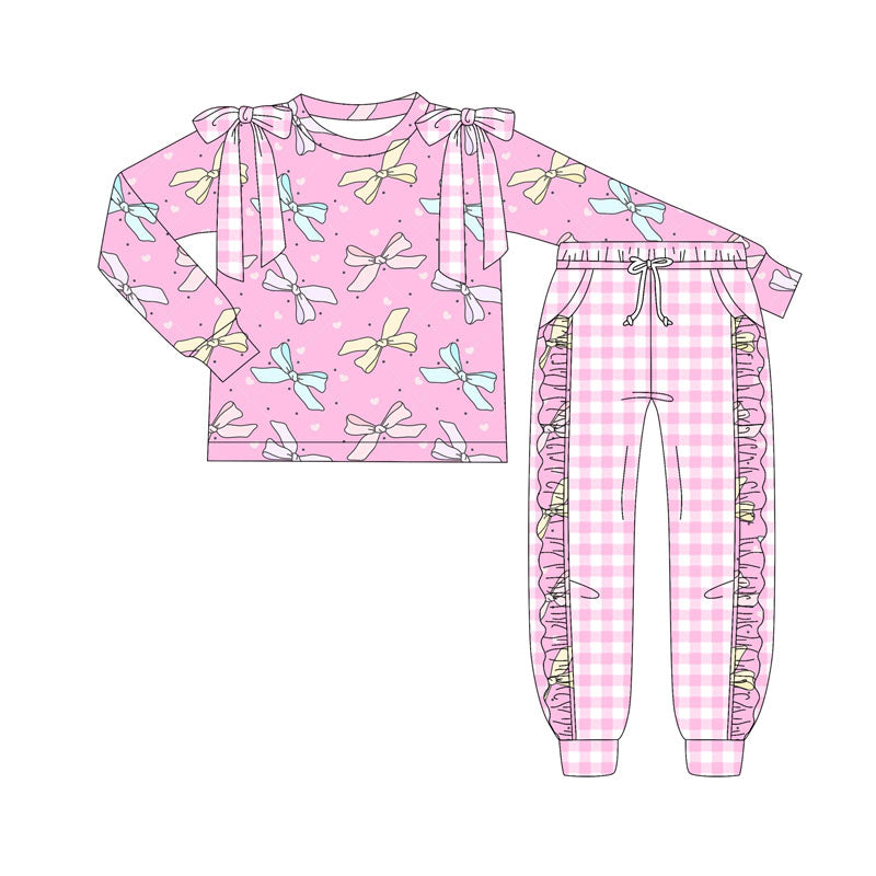 Preorder (moq 5)Baby Girls Pink Hearts Bows Top Pockets Pants Valentine Clothes Sets