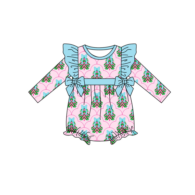 Preorder (moq 5)Baby Girls Pink Long Sleeves Bows Trees Bows Plaid Ruffle Romper