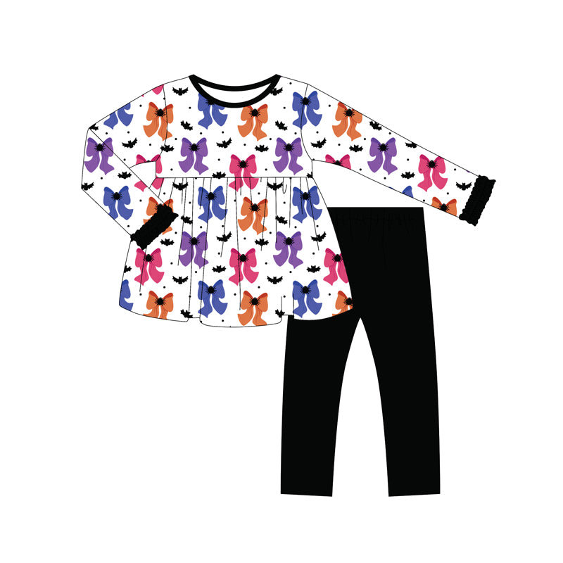 Preorder (moq 5)Baby Girls Long Sleeves Colorful Bows Bats Tunic Black Legging Pant Sets