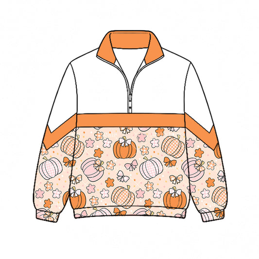 Preorder (moq 5)Baby Girls Bows Pumpkins Flowers Fall Zip Pullovers Top