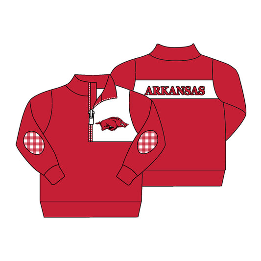 Preorder (moq 5)Baby Boys Red Long Sleeve Arkansas Zip Team Pullovers Top