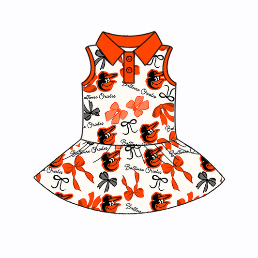 Preorder (moq 5)Baby Girls Orange Sleeveless Bows Plaid Baltimre Button Team Knee Length Dresses