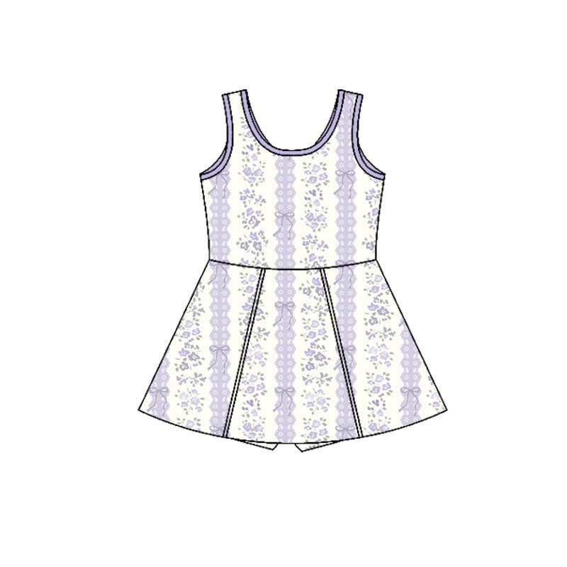 Preorder(moq 5) Baby Girls Lavender Bows Flowers Stripes Shorts Knee Length Dresses