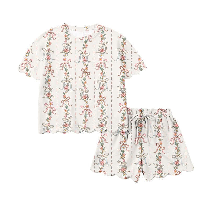 Preorder (moq 5)Baby Girls Short Sleeve Bows Flowers Stripe Top Scallop Shorts Clothes Sets