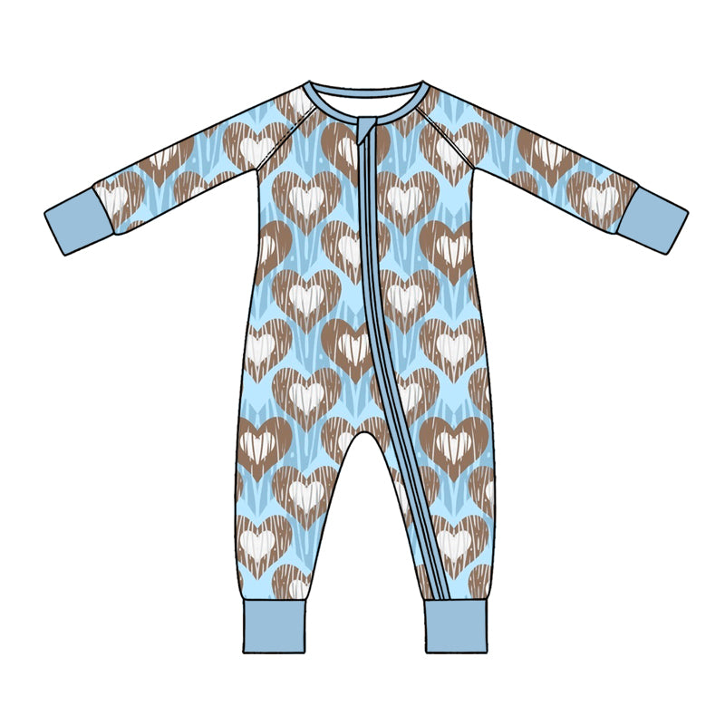 Preorder (moq 5) Baby Boy Clothes Blue Brown Heart Print Long Sleeve Zipper Sleeper Romper